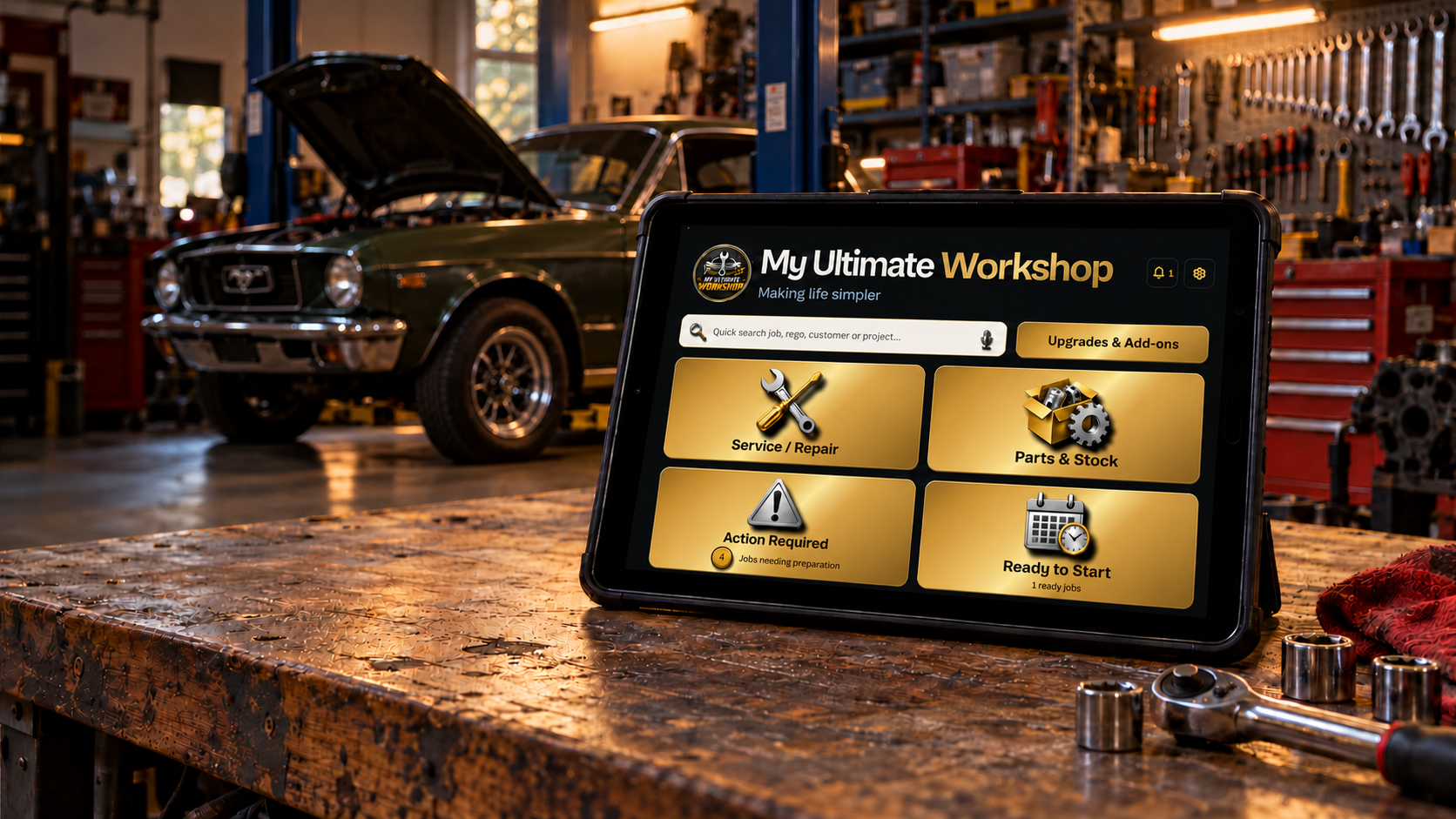 My Ultimate Workshop Basic dashboard displayed on a tablet on a workshop bench